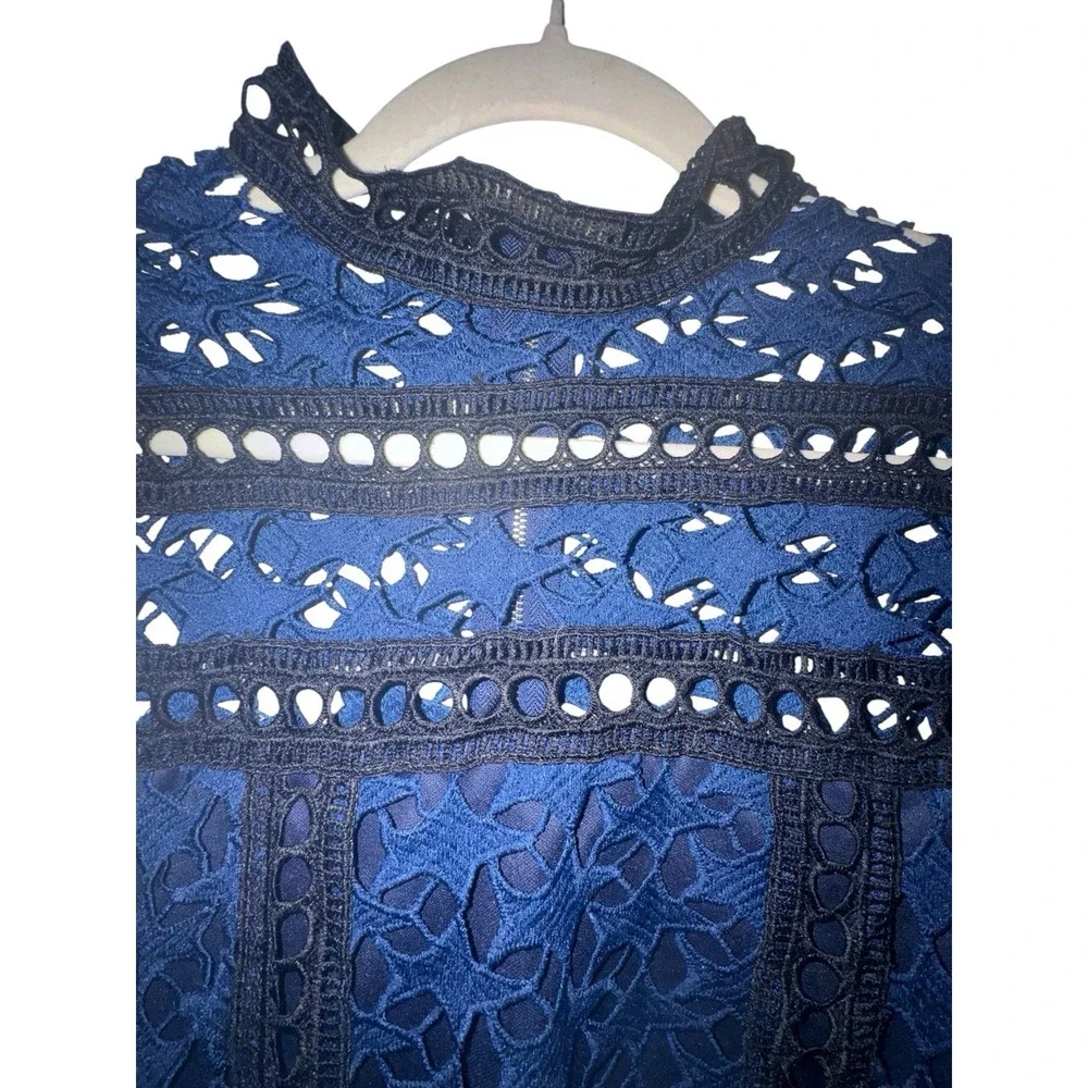 Ivivi Navy Blue Black Star Crochet Mini Dress Sz Medium Tiered Ruffles High Neck